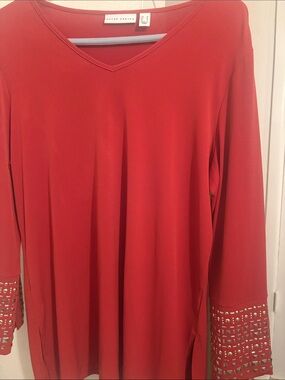 Susan Graver Bright Rust V-Neck Tunic with Studded Cuffs